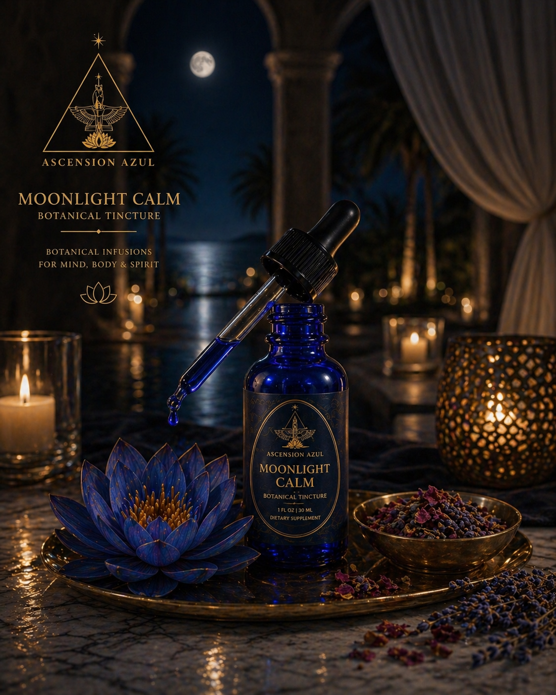 Moonlight Calm — blue lotus tincture bottle held over water