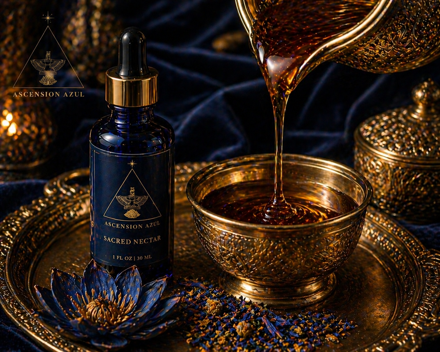 Sacred Nectar — gold bowl of botanical herbs and flowers