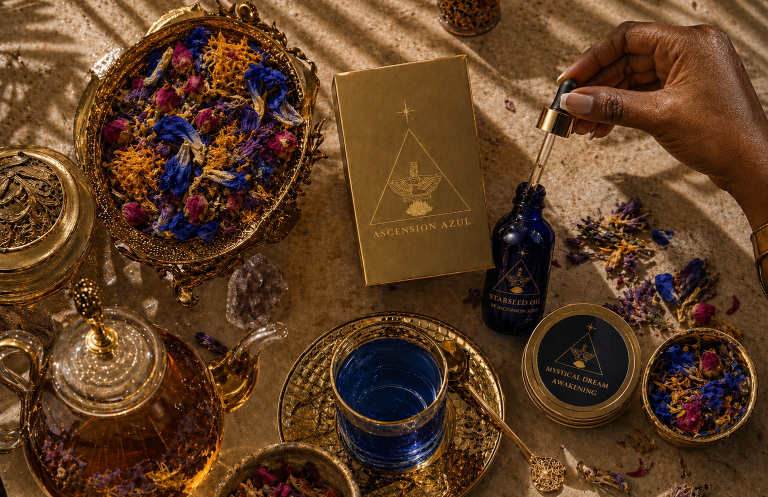 Starseed Oil — Ascension Azul blue cobalt bottle held over water with light reflections