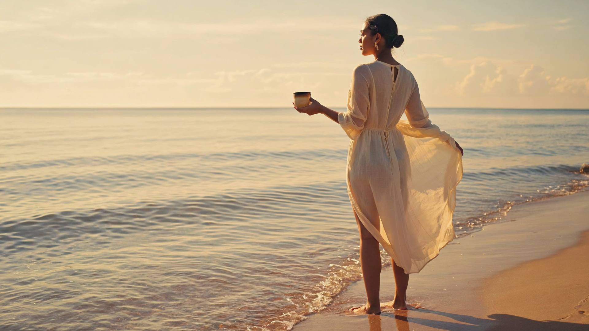 Woman at the ocean at golden hour holding a sacred botanical cup