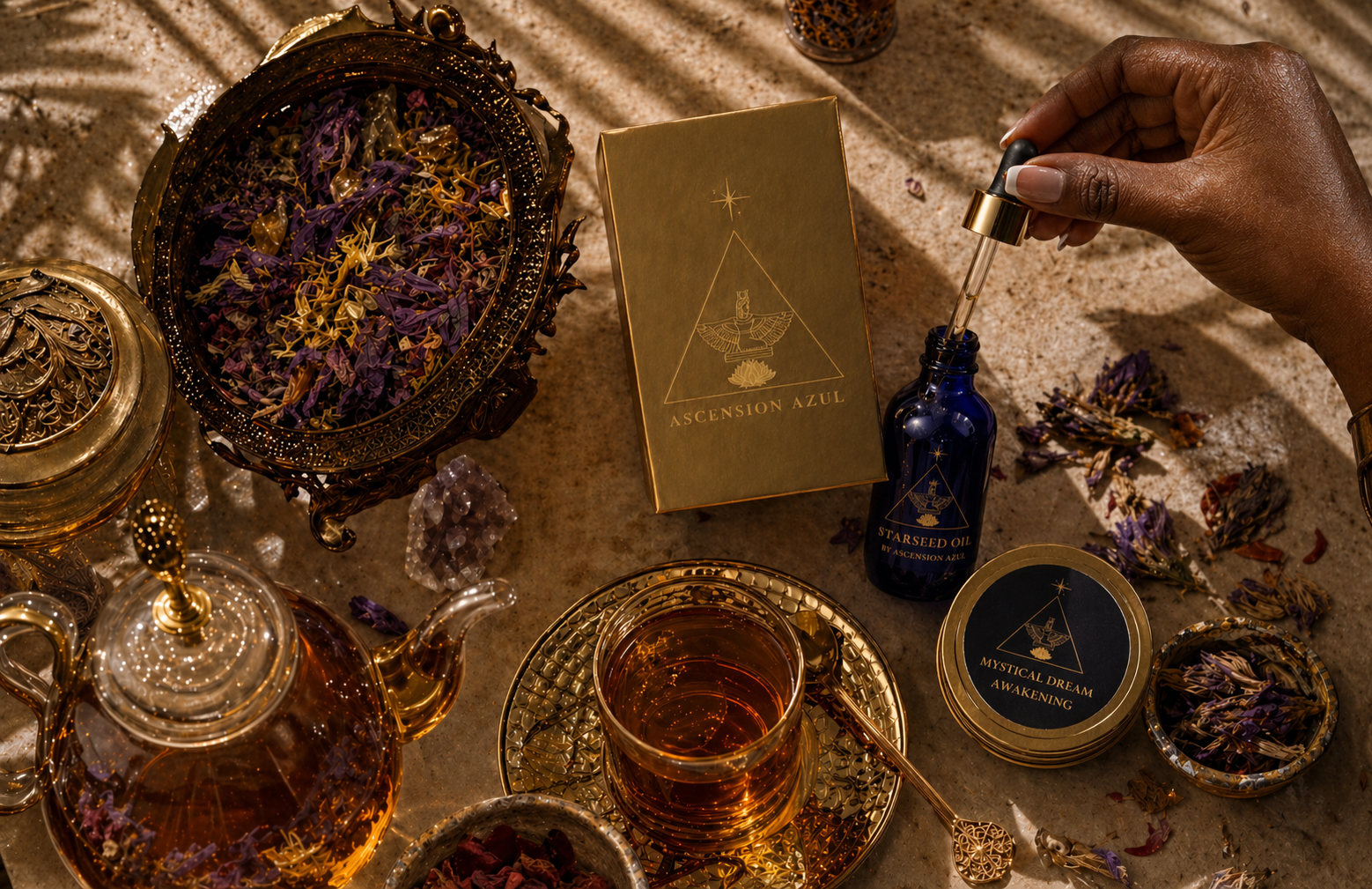 Ascension Azul sacred ceremony flatlay with tincture, tea, and oracle card