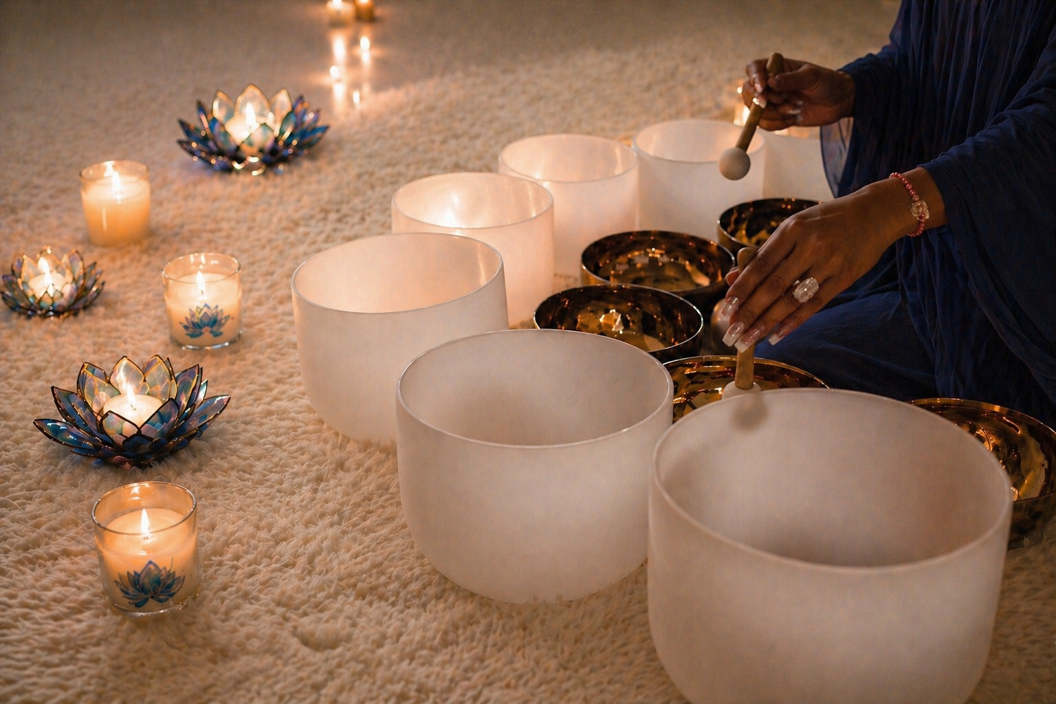 Crystal singing bowls and lotus candle holders in sacred ceremony setup