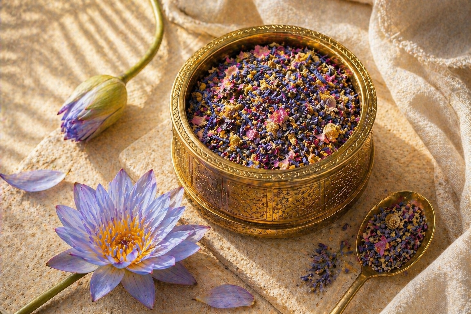 Lotus Muse — gold tin of tea blend with blue lotus on dark navy velvet