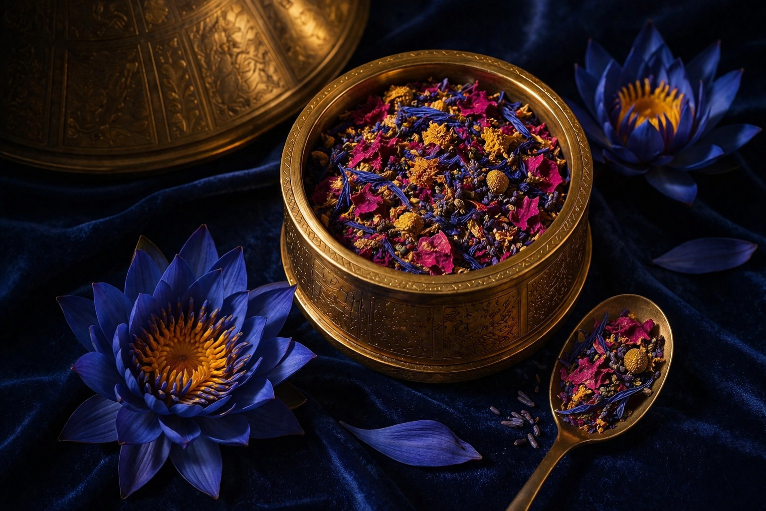 Mystical Dream Awakening tea tin with blue lotus blooms, brass ewer, and gold florals on linen
