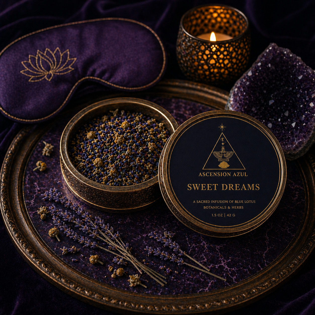 Sweet Dreams — blue lotus and botanical tea blend in a gold bowl near water